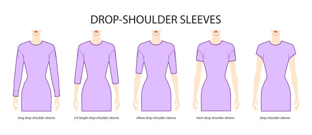 一套落肩袖衣服-长，短，3-4，肘部长度技术时尚插图与合身的身体。平板服装模板正面。女人，男人男女皆宜的CAD模型图片下载