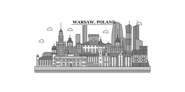 波兰，华沙城市天际线孤立矢量插图，图标图片下载