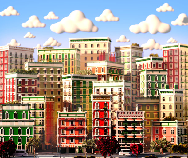 美丽的城市3D渲染插图。日落时分的公寓楼和办公楼。图片下载