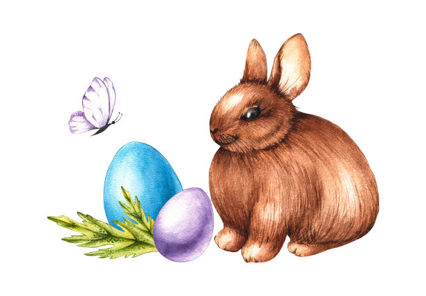 水彩画复活节组成复活节兔子，彩色鸡蛋，花在白色图片下载