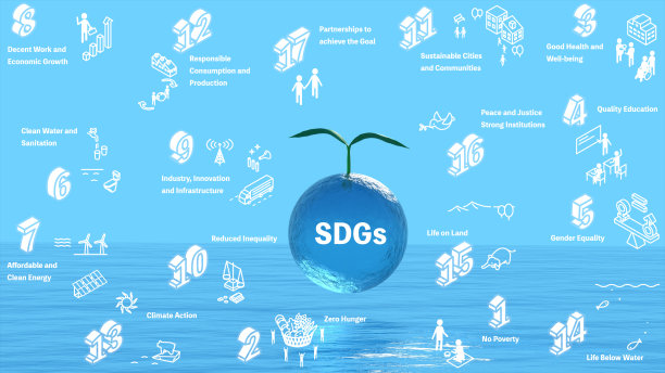 可持续发展目标的环境保护形象，可持续发展目标图标17与海洋和绿色背景，生态形象图片下载