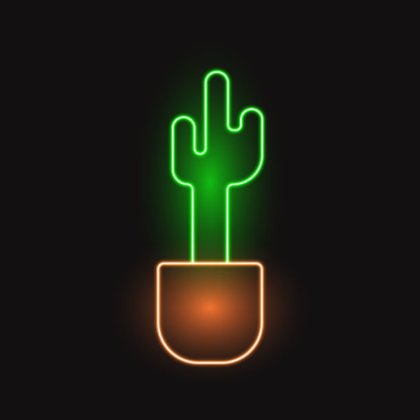 霓虹仙人掌在锅，发光的标志在黑暗的背景，矢量插图。图片下载