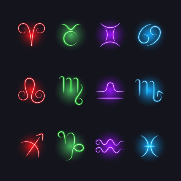 十二星座，彩色霓虹灯图标，矢量插图。图片下载