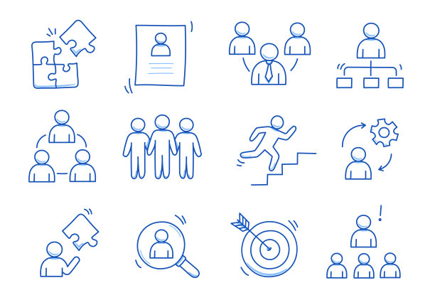 涂鸦业务团队图标集。涂鸦团队人社区，办公室人集体工作理念。目标，装备，谜题元素。手绘素描风格的蓝色钢笔。向量图片下载
