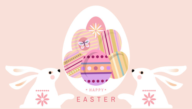 快乐复活节模板设计卡，横幅，海报与复活节彩蛋，春天的花，复活节兔子，图片下载