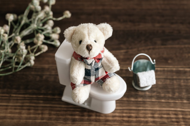 一个马桶和一只泰迪熊。儿童如厕训练形象。图片下载