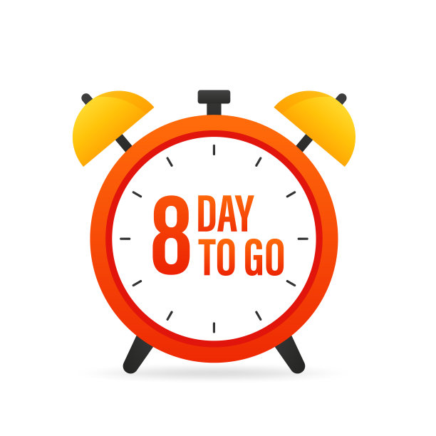 闹钟。还有8天。早上从床上大声喊醒。带横幅的闹钟醒醒。起床时间徽章。早上的时间。平面设计。矢量图图片下载