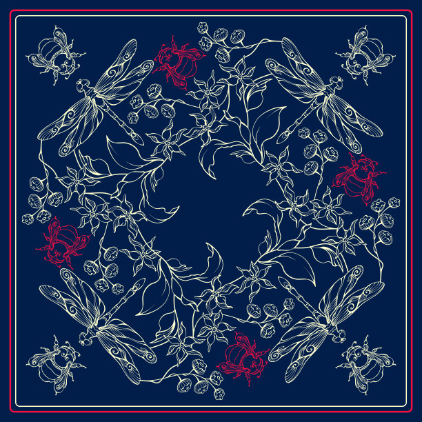 植物方形图案与蜻蜓，大黄蜂，和花。大手帕。向量。图片下载