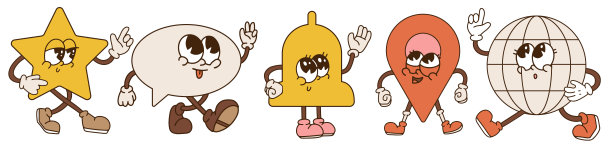 大集复古卡通贴纸与有趣的漫画msacots心爱的手。槽字符在互联网网站图标的形式-星，气泡，钟，地理标签，地球。轮廓矢量插图。图片下载