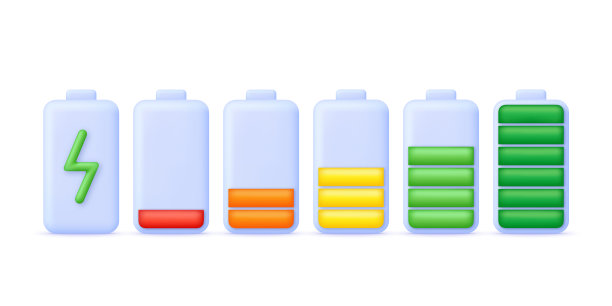 3D电池充电指示灯。电池从低到高充电。电池放电和充电。图片下载