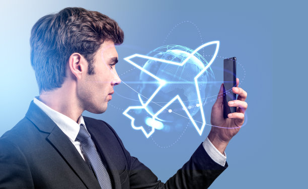 手持智能手机的商人，飞机全息影像和商务旅行图片下载