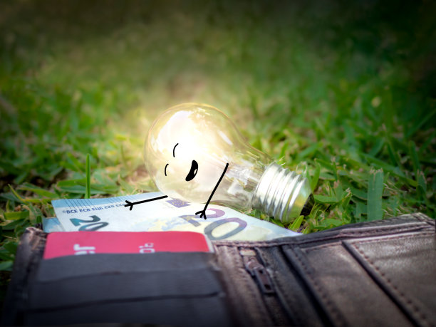 非常快乐的灯泡与钱从一个钱包与胳膊和脸插图。光的价格概念。有选择性的重点。图片下载