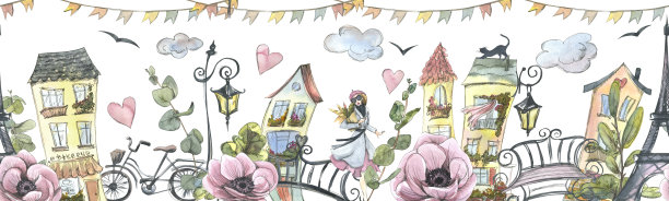 横横幅上有房子、埃菲尔铁塔、巴黎女人、花草。水彩插图与图形元素。无缝模式从巴黎大套。用于装饰和设计图片下载