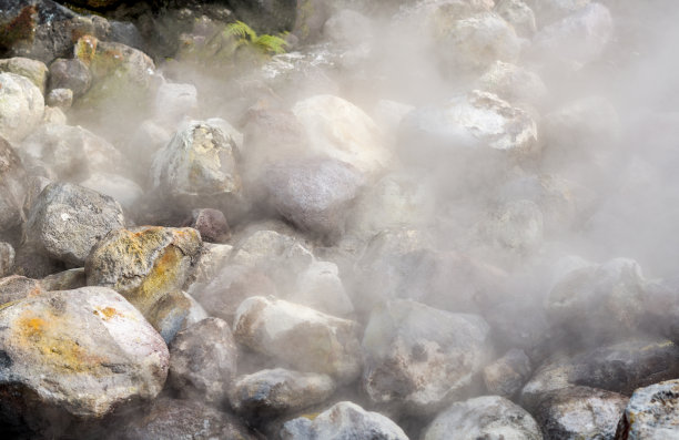 泥地狱是别府八大温泉(温泉)之一，前景为花草或禾科。秋天的别府市最有名。有选择性的重点。大分，九州，日本图片下载