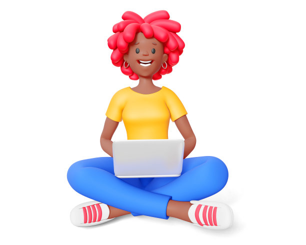 三维插图的快乐的商业妇女红头发和笔记本电脑孤立在白色背景。女性角色坐在瑜伽姿势的3d渲染设计图片下载