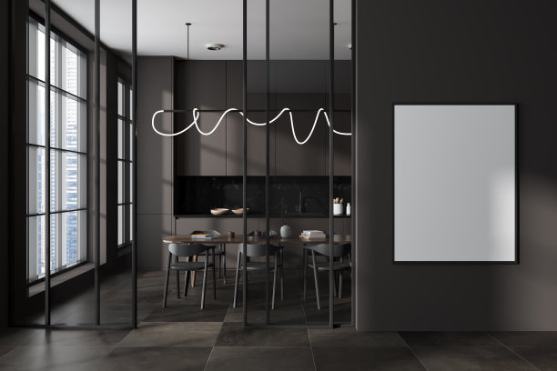 棕色厨房内部有餐桌、烹饪空间和窗户。模型框架图片下载