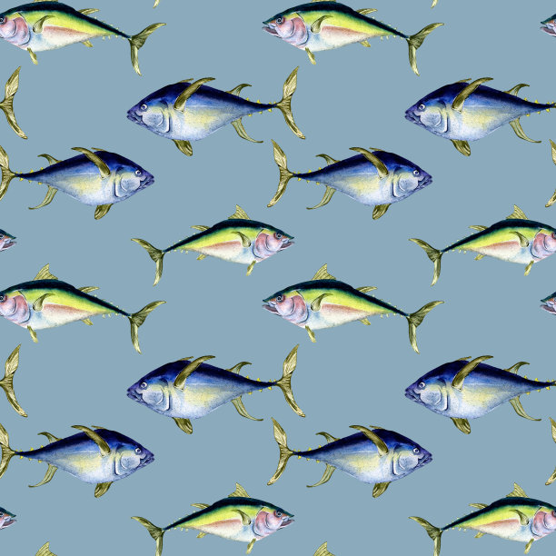 各种野生海鱼无缝图案水彩插图孤立在蓝色上。图片下载