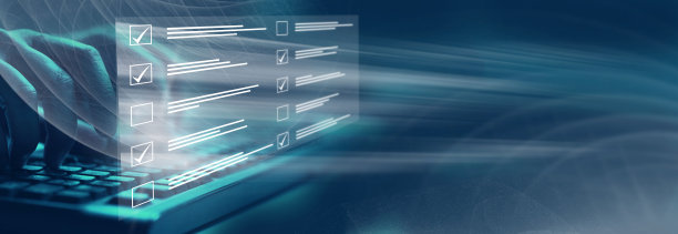 调查表格，核对表上的标记，在线填写表格和回答问题概念背景。横幅。副本的空间。图片下载