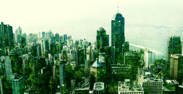 建筑，景观和环境与绿色城市的可持续发展，清洁能源和生态设计。地球日，自然和未来与城市景观建筑循环，城市和生态友好图片下载