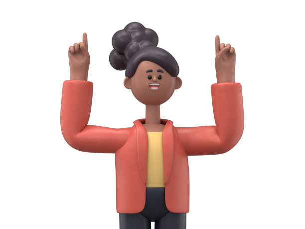 三维插图的微笑非裔美国妇女可可的手指指向手势。白色背景上的3D渲染。图片下载