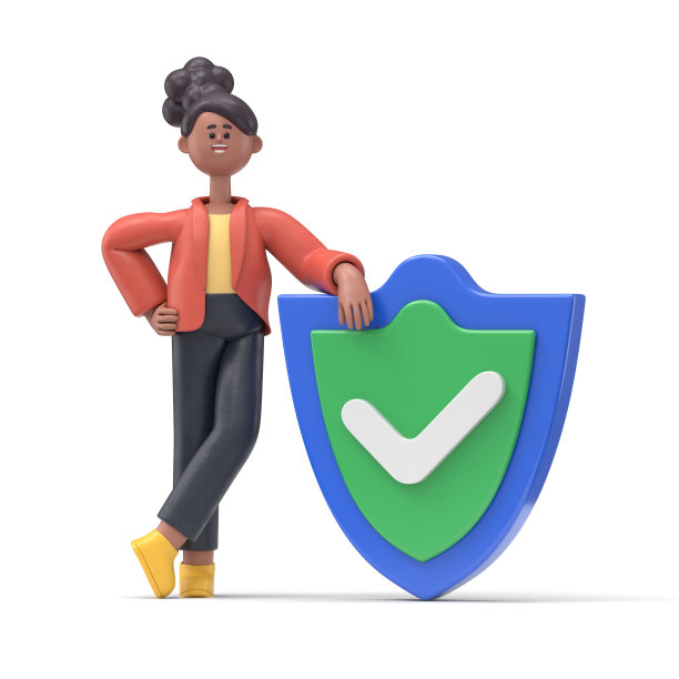 三维插图，微笑的非裔美国妇女可可正拿着一个盾牌，以掩护攻击。保护，保险，远离商业危险的概念。白色背景上的3D渲染。图片下载