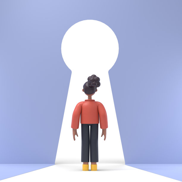思考非裔美国妇女可可站在钥匙孔前的3D插图。解决问题的业务概念。人们关注开放的机会。白色背景上的3D渲染。图片下载