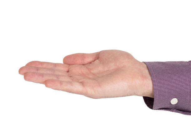 男人的手在衬衫乞求什么孤立的白色背景。掌心向上，靠近。图片下载