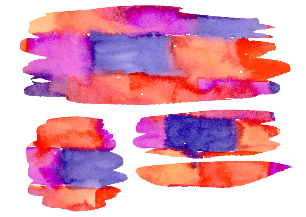 水彩画手工手绘污渍和飞溅砖墙纹理在白色。大集橙色，红色，紫色和紫色滴，圆形斑点，框架，元素。信息图表，目录，背景。图片下载