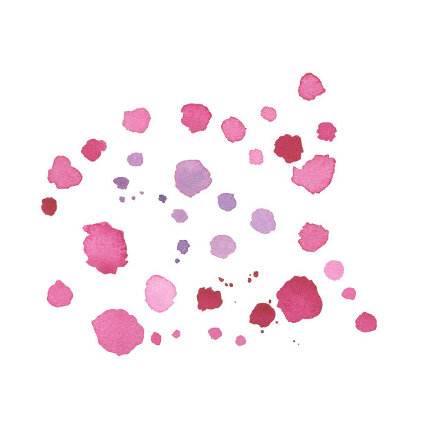 粉红色的水滴和飞溅在白色的背景上。水彩手绘插图。艺术为设计风格的纹理图片下载