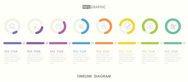 时间轴信息图表元素模板，具有圆形和平面文本样式。彩色可以用于演示幻灯片。图片下载