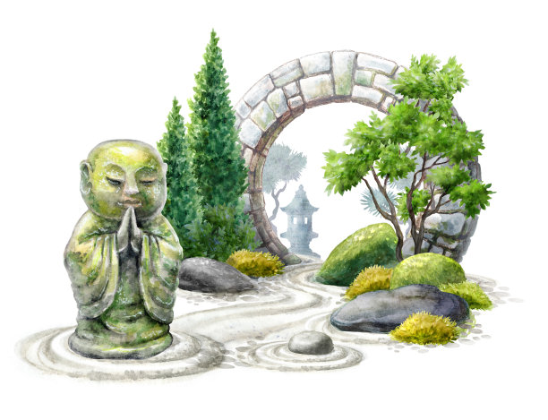 禅宗花园水彩画，佛像，绿树和圆石门拱门。精神自然景观，孤立在白色背景上图片下载