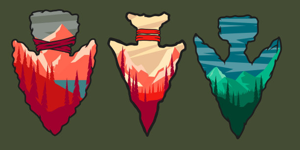 一套带有箭头的山景标志。海报、卡片、横幅、标牌的设计元素。矢量图图片下载