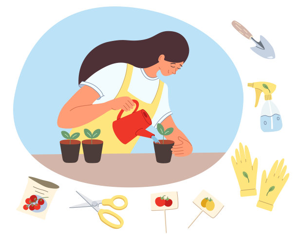 女子在家中种植蔬菜苗木，平面插画设置室内园艺概念图片下载