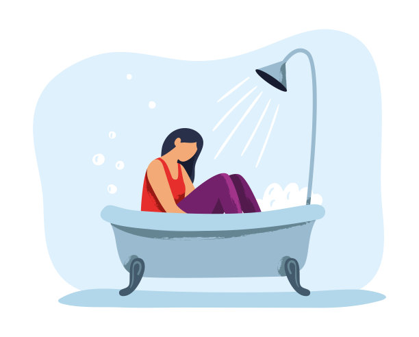 一个沮丧哭泣的女孩坐在浴室里。孤独不安的女人有消极的想法。卡通女性形象图片下载