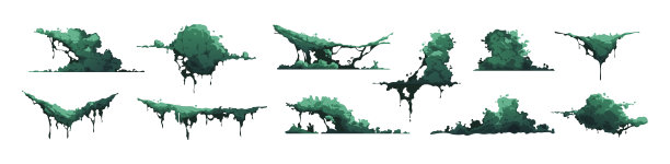 沼泽苔藓。卡通绿色岩石地衣和真菌游戏资产，精灵图形模板隔离在白色。矢量沼泽植物群和植物集图片下载