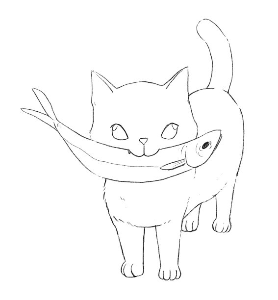 一只流浪猫嘴里叼着一条鱼走着。图片下载