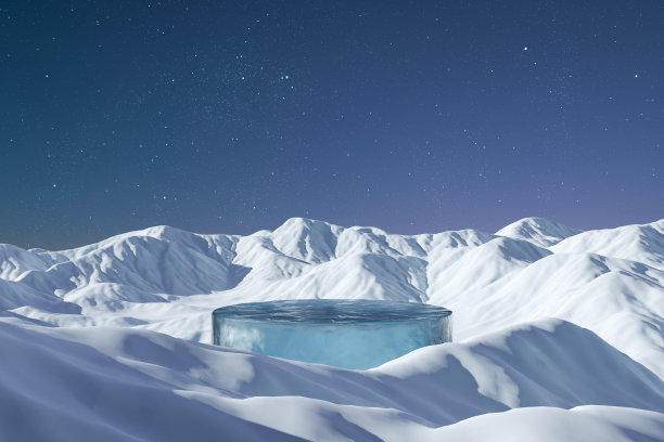 三维渲染冬季平台和自然讲台背景，冰讲台上的冰雪山背景星和夜空为产品展示，广告，美容护肤品与空圆形舞台图片下载