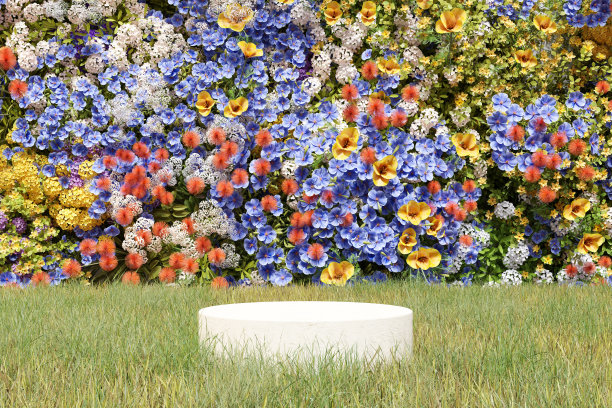 摘要三维渲染春天的场景和自然的讲台背景，白色的石头讲台上的草地，背景彩色的花墙为产品展示广告，化妆品等图片下载