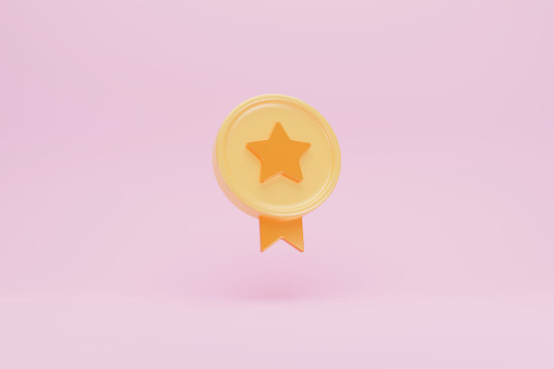 有星形图案的金币。优胜者可获得3枚带有缎带的奖牌。成就奖章，发展奖励，孤立卡通奖杯，标签经验升级。三维渲染图片下载