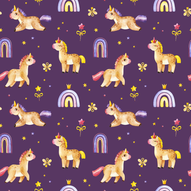 无缝可爱的纹理与水彩彩虹，独角兽，星星，神奇的钥匙图片下载
