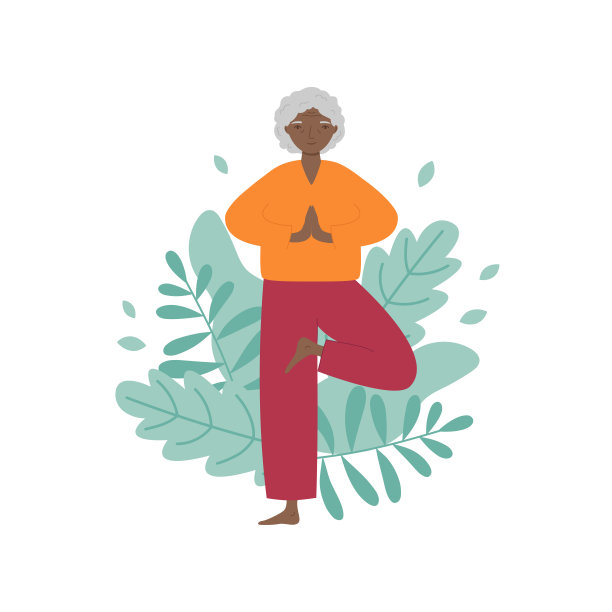 高级妇女做瑜伽与叶子的背景。图片下载