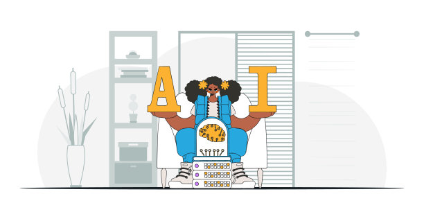 一个女孩穿着时髦的衣服，拿着一个人工智能大脑的矢量插图。图片下载