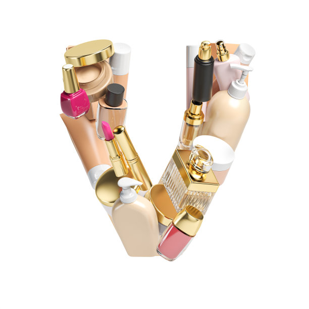 字母V.来自化妆品、化妆品和美容产品的字母孤立在白色上。图片下载