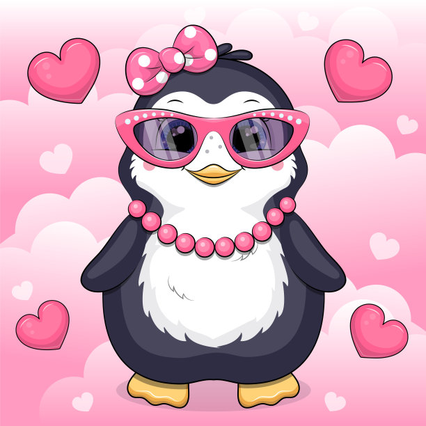可爱的卡通企鹅女孩戴着粉红色的头发蝴蝶结，眼镜和项链。图片下载