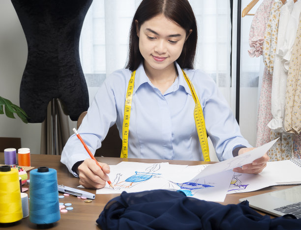 亚洲服装设计师都是图纸、草图、纺织品、面料、服装。图片下载