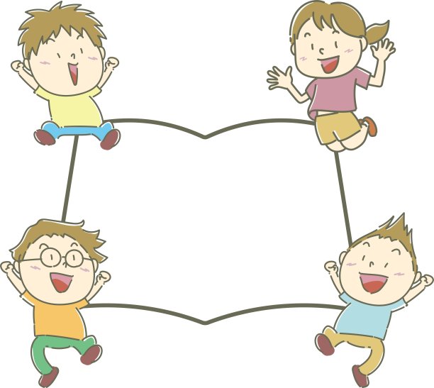 孩子们笑着跳出来围着一本大书/插图材料的框架(矢量插图)图片下载