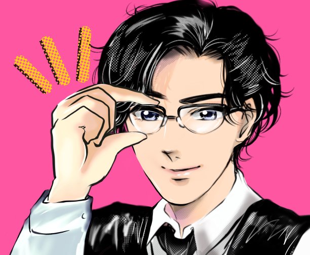 这是一幅肖像漫画风格的插图，一个穿着西装、烫着黑发的英俊男子戴着眼镜看着我们。图片下载