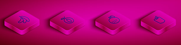 设等距线香蕉、李子、水果、橘子和图片下载