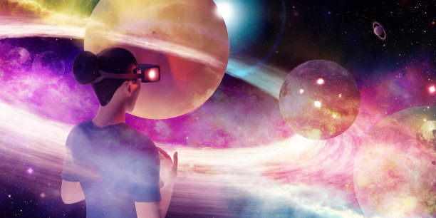 VR眼镜用户学习科学通过AR眼镜在研究恒星和宇宙的虚拟世界模拟3D插图图片下载