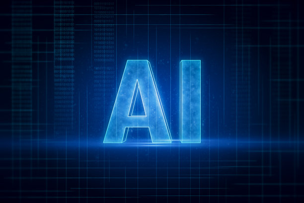 大数据处理和人工智能概念，在抽象的黑色背景上发光的蓝色数字图形AI标志。三维渲染图片下载